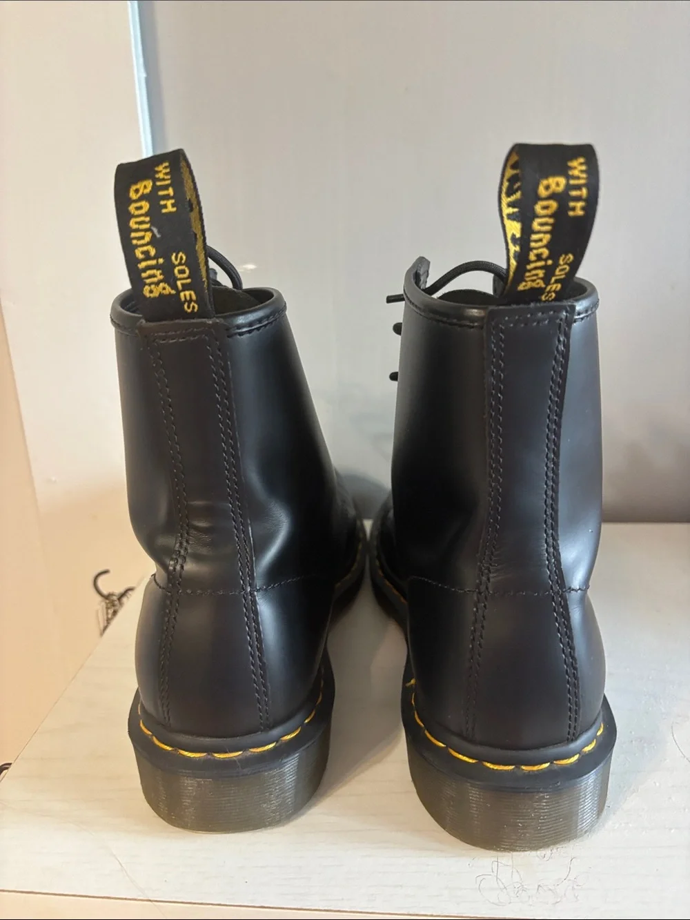 Dr. Martens Black 8-Eye Leather Lace-Up Boots with Yellow Stitching
